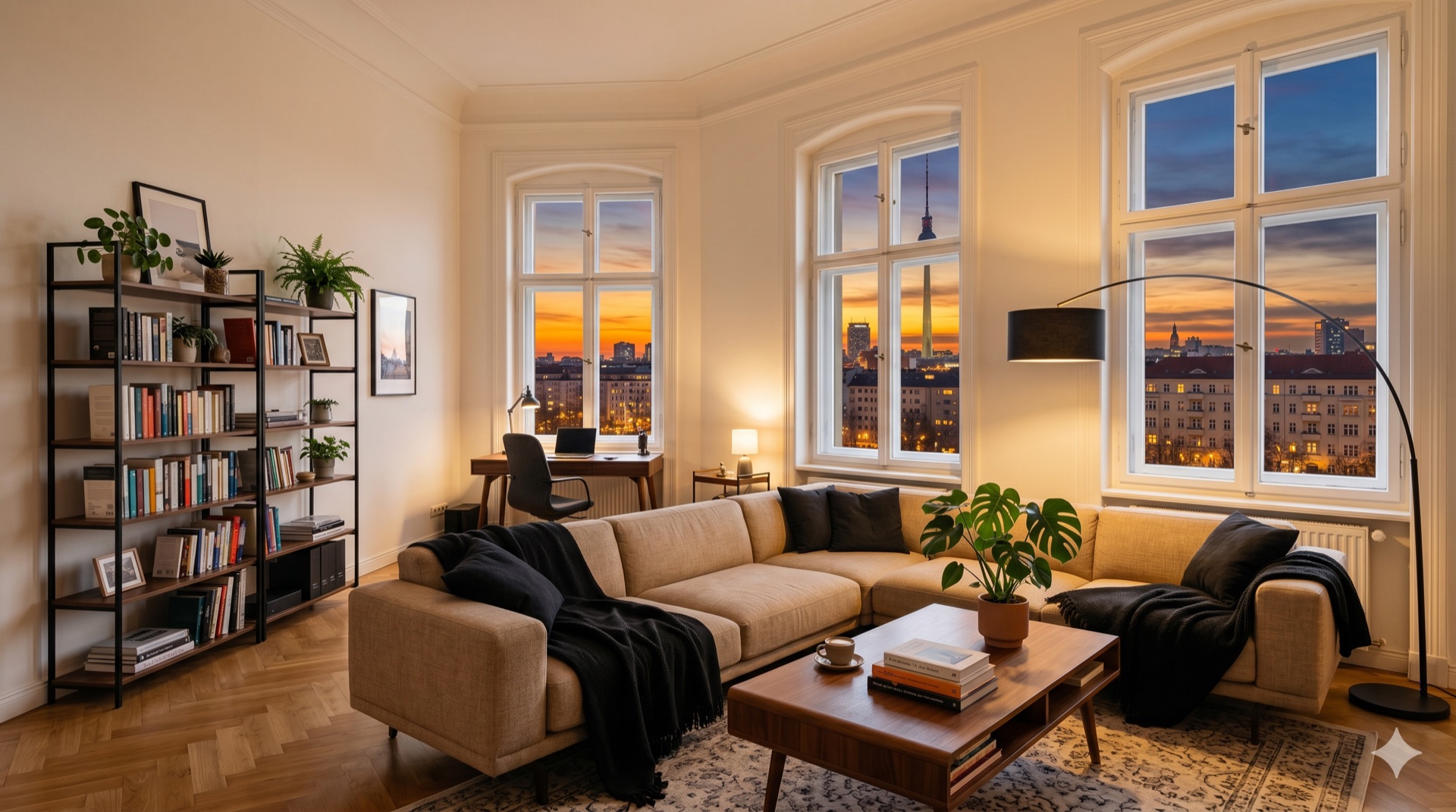 A modern living room at dusk with a sectional sofa, bookshelf, work desk, and a Berlin skyline view through tall windows